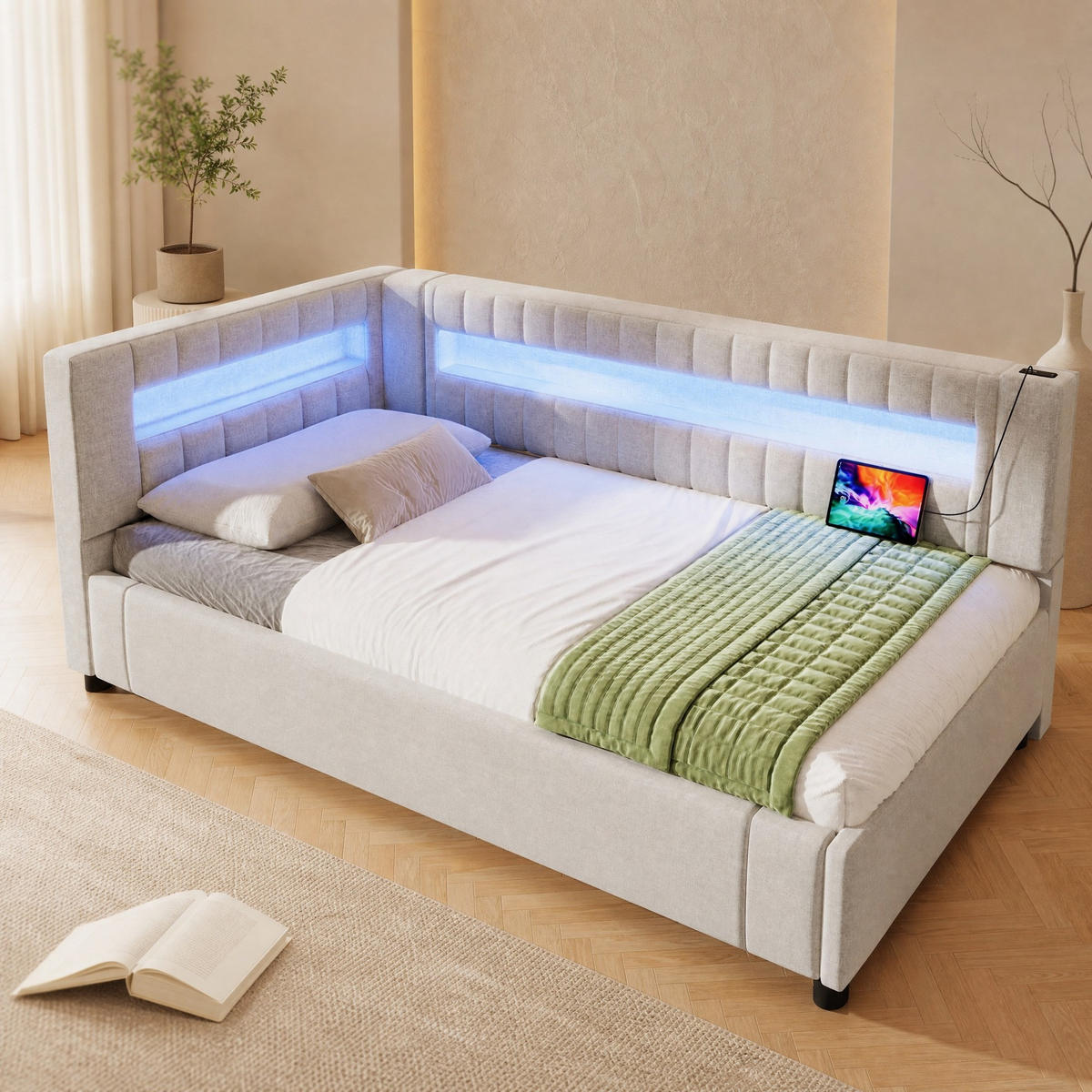 POLSTERBETT 90/200 mit hydraulischem Bettkasten, 7-Farben-LED mit Fernbedienung und USB/Type-C in Beige - Beige, Holzwerkstoff/Textil (90/200cm) - EVRYAE