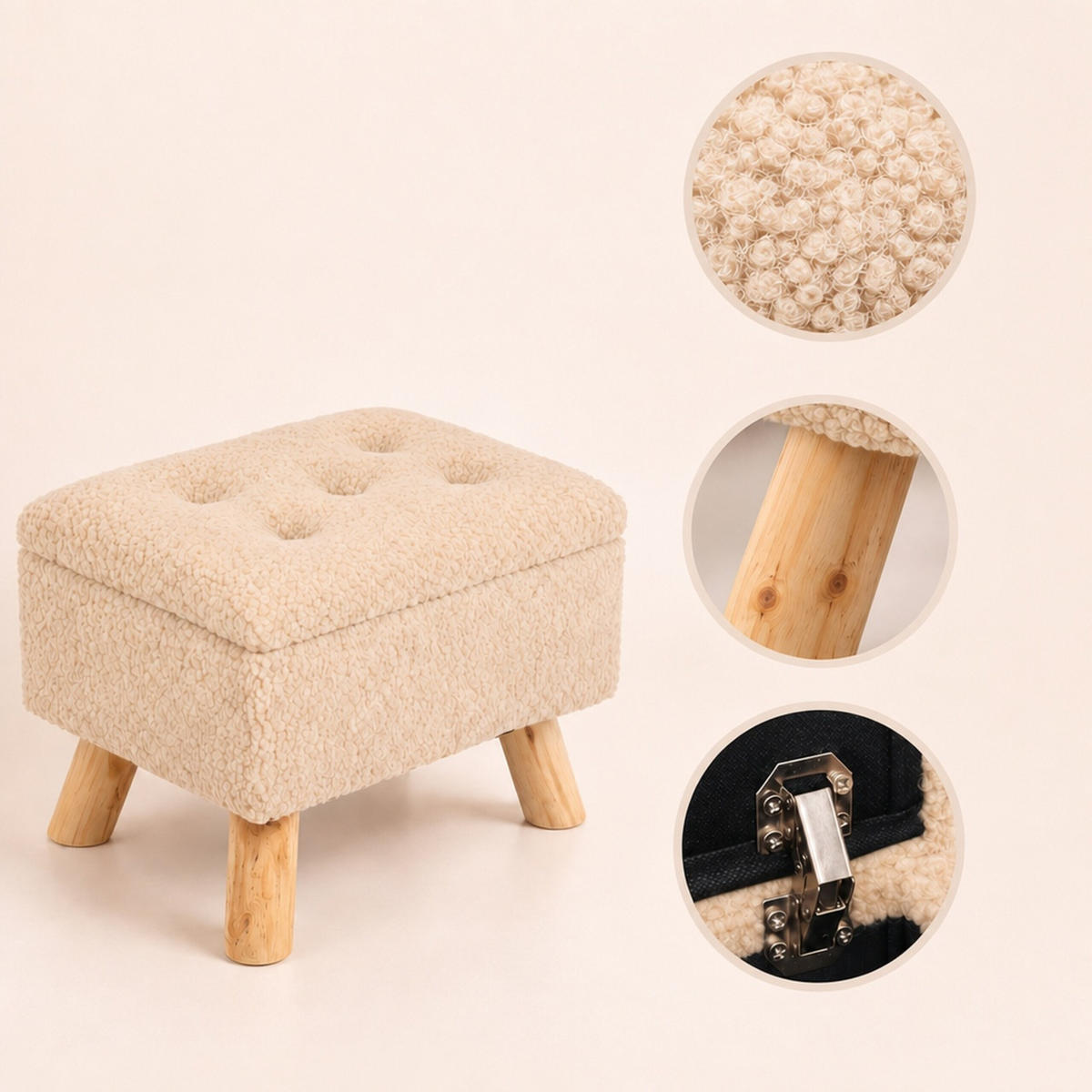 PUF Bej cu spațiu de depozitare material teddy - bej, material textil/compozit lemnos (38/28/28cm) - Relaxdays