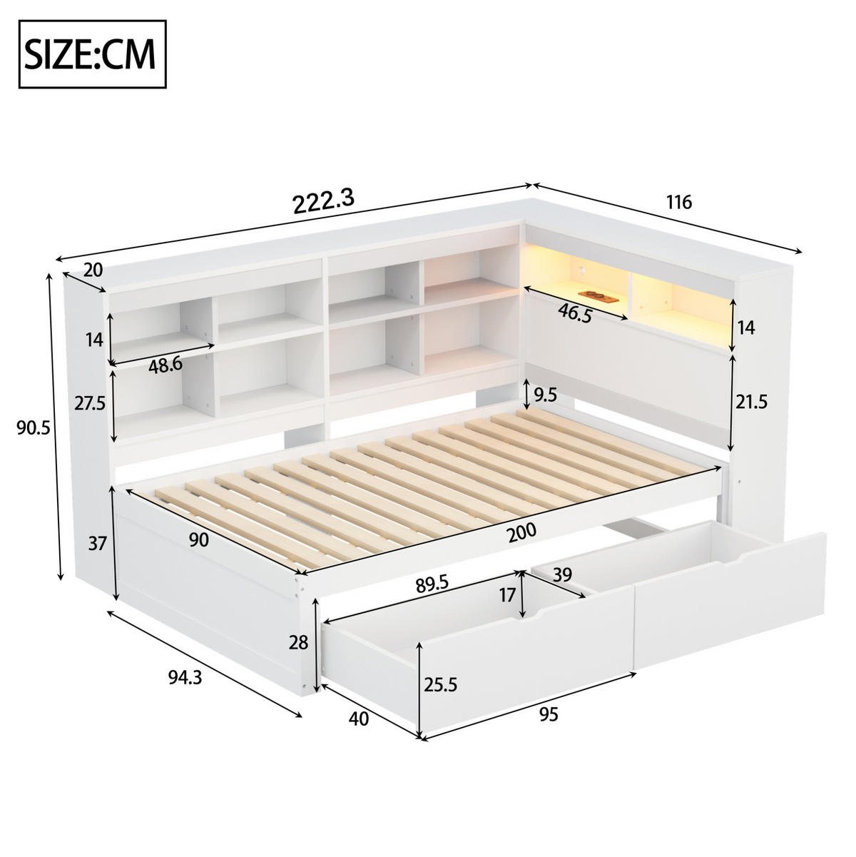 TAGESBETT 90x200 cm Weiß mit LED, USB-Steckdose und viel Stauraum - Weiß, Holzwerkstoff (90/200cm) - Modfu