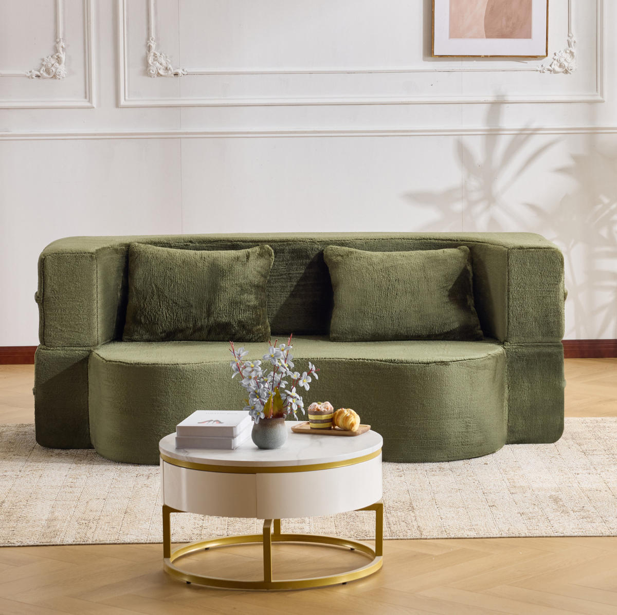 SCHLAFSOFA aus Schaumstoff Grün, faltbar als Gästebett mit 2 Kissen und weichem Kurzplüschbezug - Grün, Kunststoff (180/70/55cm) - Modfu