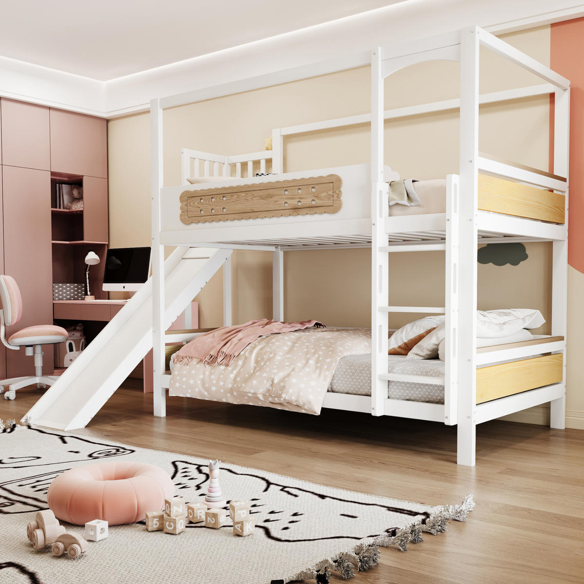 ETAGENBETT 90/200 cm mit Rutsche, breiter Sicherheitsleiter und Hausrahmen, Natur/Weiß - Naturfarben, Holzwerkstoff (90/200cm) - Redom