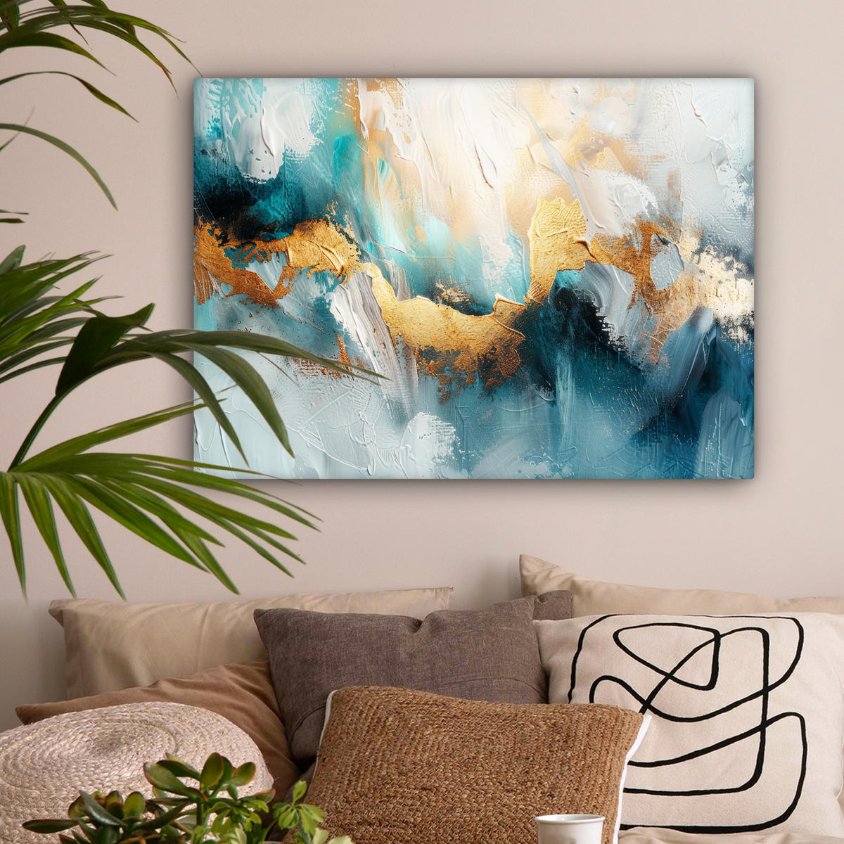 LEINWANDBILD Abstrakt - Kunst - Gold - Blau Wandbilder 80x60 cm - Petrol, Textil (80/60cm) - MuchoWow