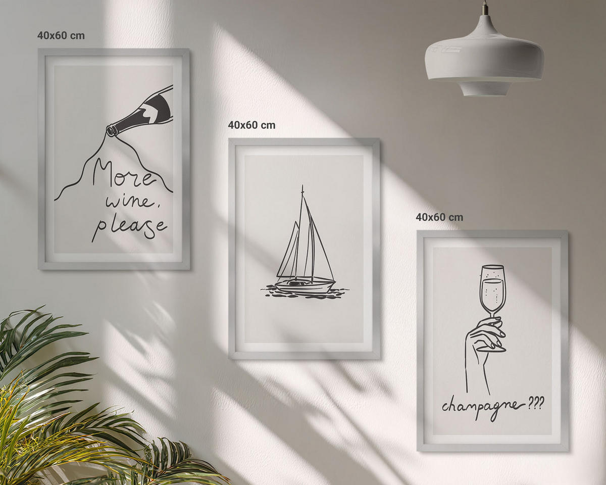 WANDBILDER 3er Set - 40x60 cm Silberner Rahmen - Weinsegelboot-Glas-Linienzeichnung - Silberfarben, Kunststoff (40/60cm) - ArtPrintCave