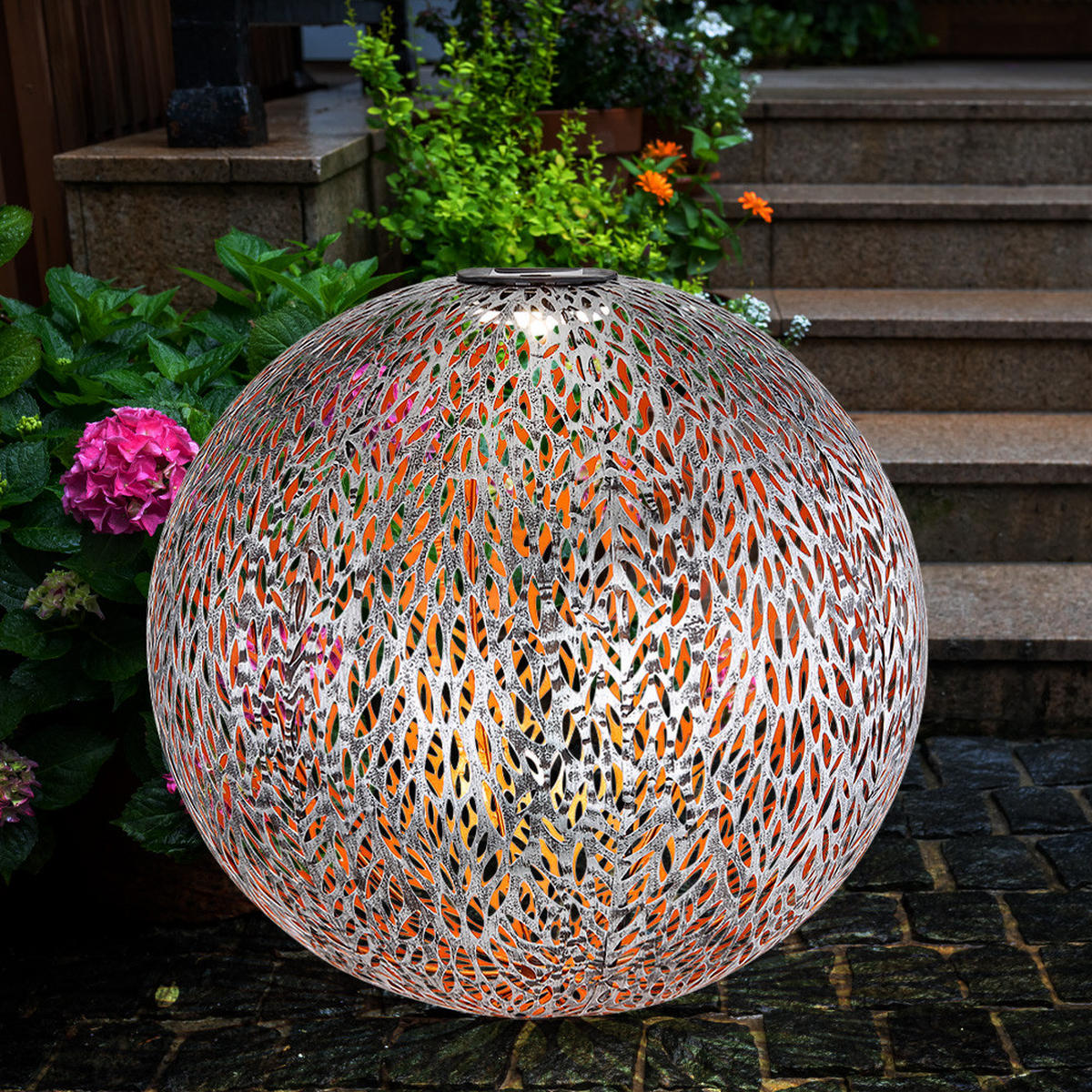 LED AUSSENLEUCHTE Solarleuchte Kugel Silber 2er Set - Silberfarben, Metall (27/27/38cm) - Globo Lighting