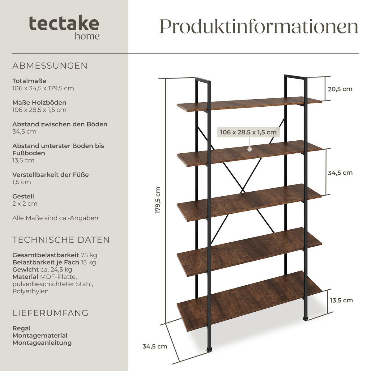 REGAL Glasgow, inklusive Kippschutz, 106 x 34,5 x 179,5 cm, Industrial Holz dunkel, rustikal - Rostfarben, Holz (34.5/179.5/106cm) - tectake