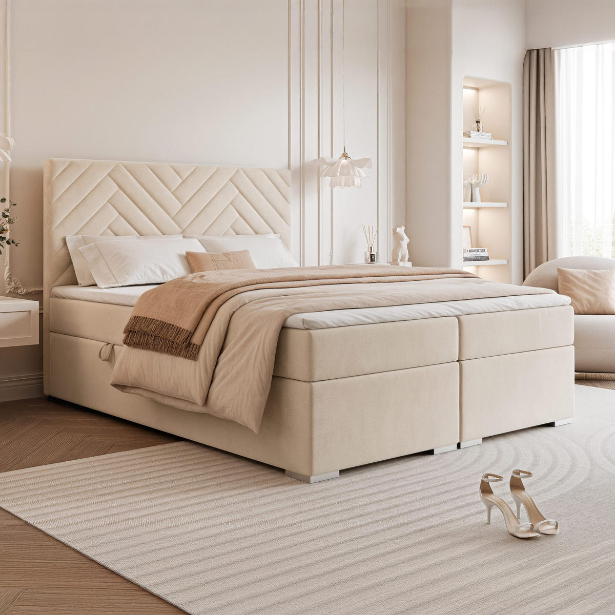 BOXBETT NEREA 160/200 cm mit Matratze und Topper, Creme - Creme, Textil (160/200cm) - Idohome