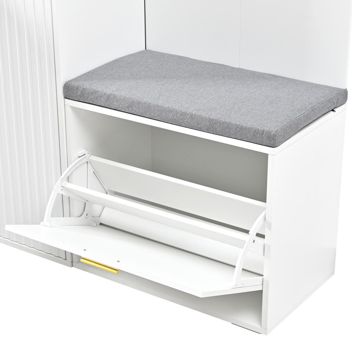 GARDEROBE Weiß Spiegel Bank 3 Türen Schuhregal 150x36x180cm - Weiß, Holzwerkstoff (150/180/36cm) - FLIEKS
