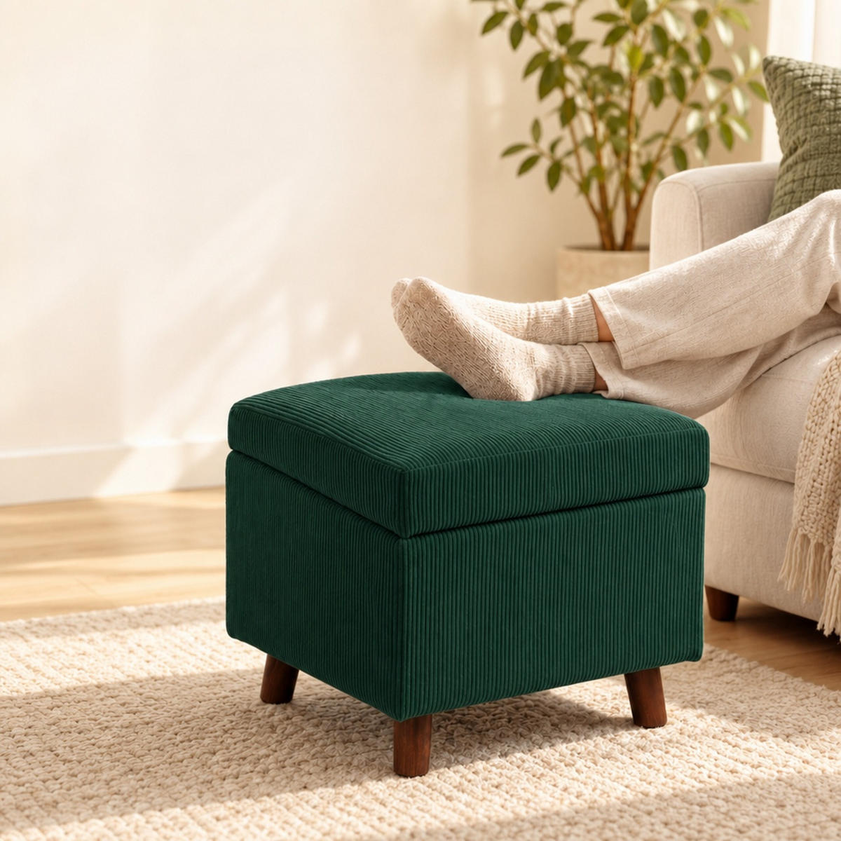 TABURET Tmavě zelený manšestr s úložným prostorem 40 cm - tmavě zelená, dřevo/kompozitní dřevo (46/40/40cm) - Relaxdays