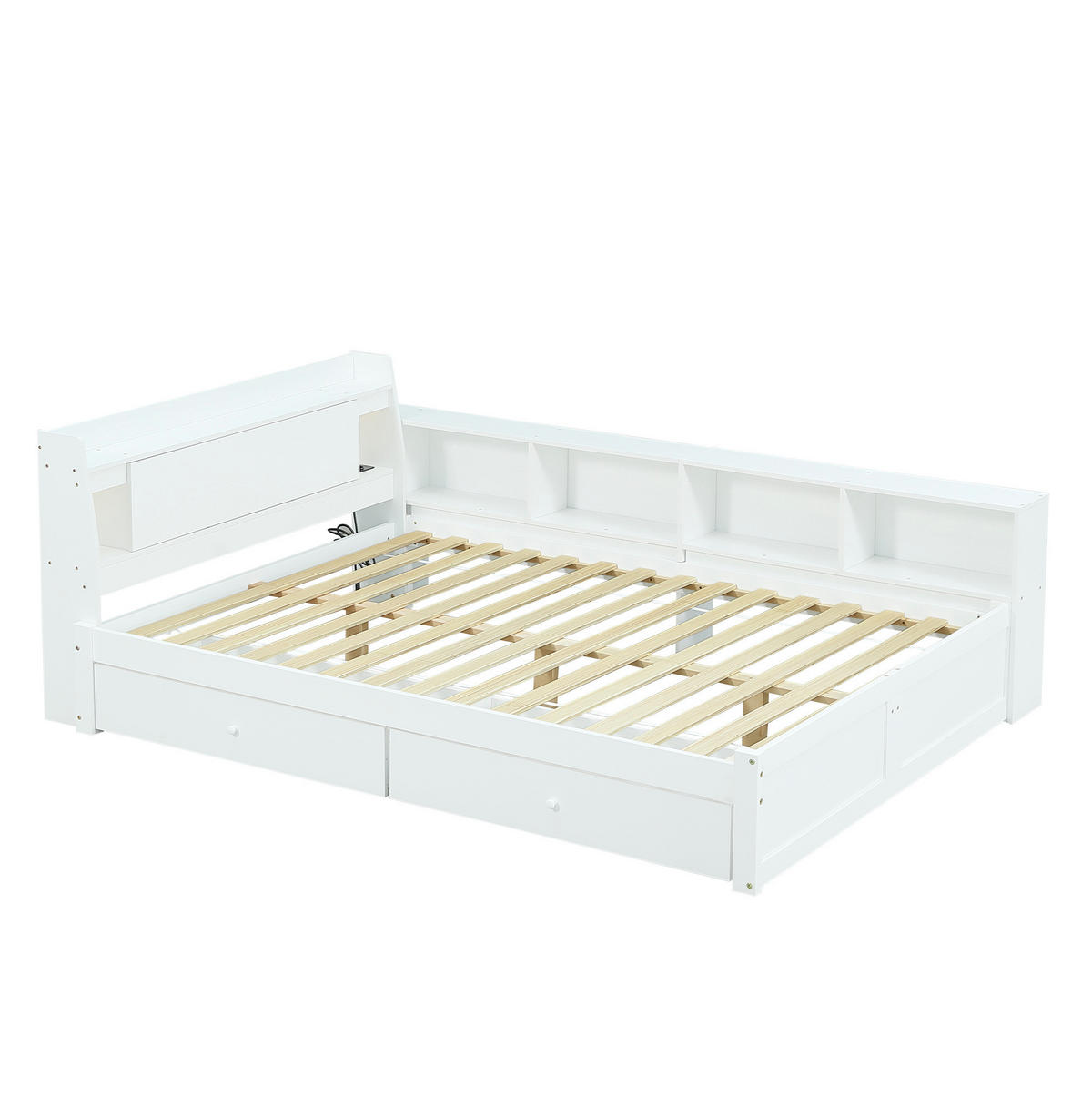 BETT 140/200 cm Weiß aus Kiefer, Spanplatte und MDF mit Stauraum und Ladebuchse - Weiß, Holz (140/200cm) - OKMYHOME