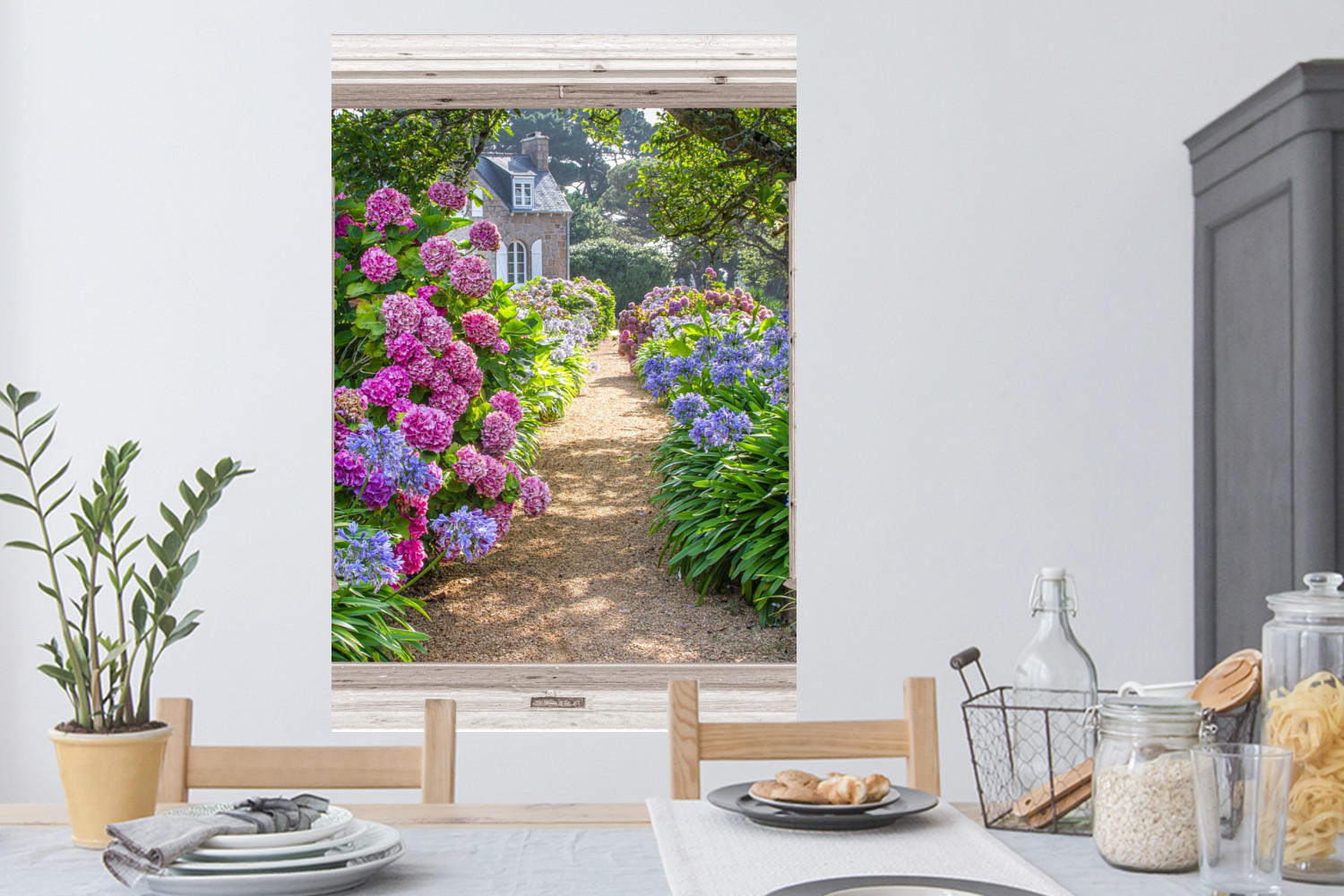 WANDTATTOO Hortensie - Fensterblick - Blumen - Sommer - Lila - Weg 80x120 cm - Lila, Kunststoff (80/120/0.1cm) - MuchoWow