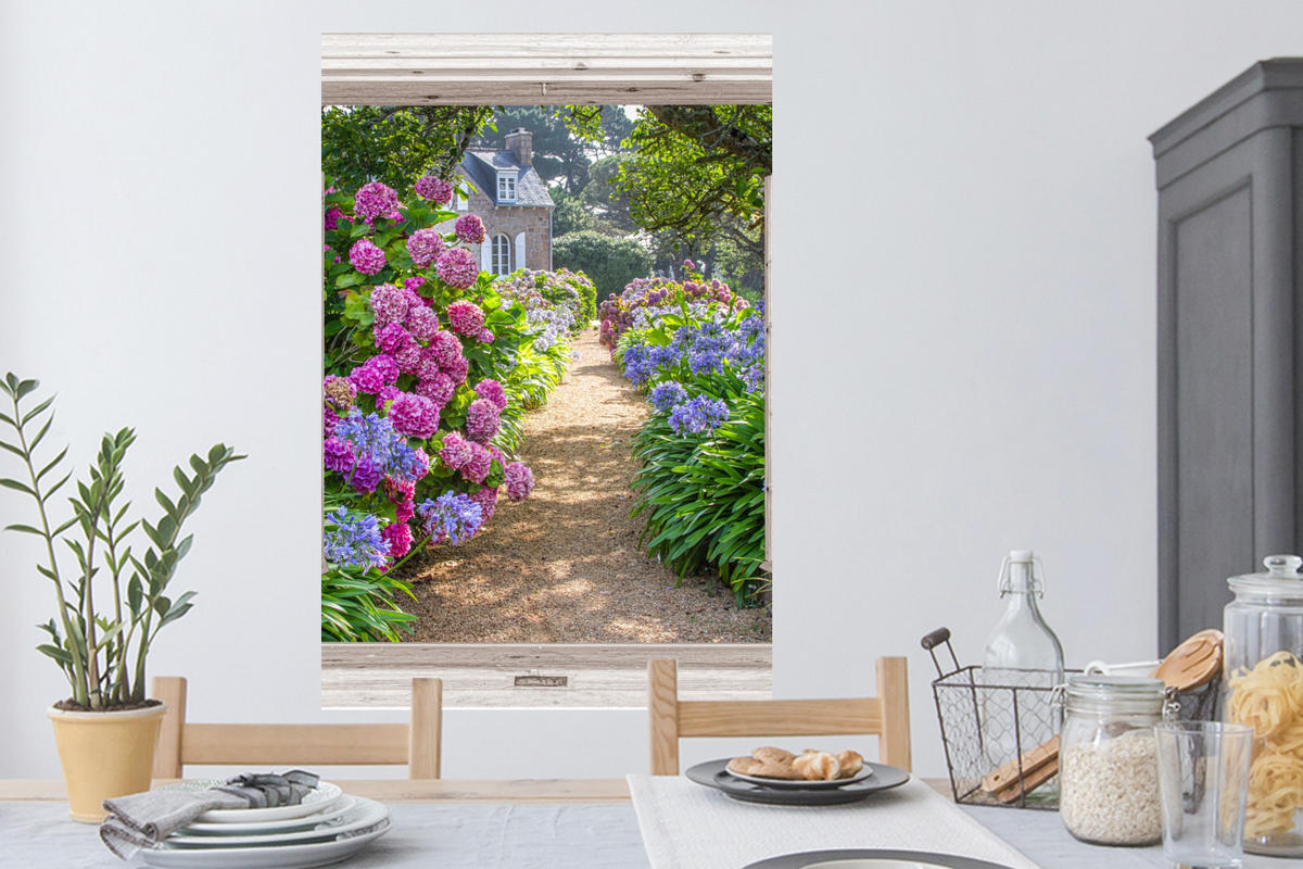 WANDTATTOO Hortensie - Fensterblick - Blumen - Sommer - Lila - Weg 80x120 cm - Lila, Kunststoff (80/120/0.1cm) - MuchoWow