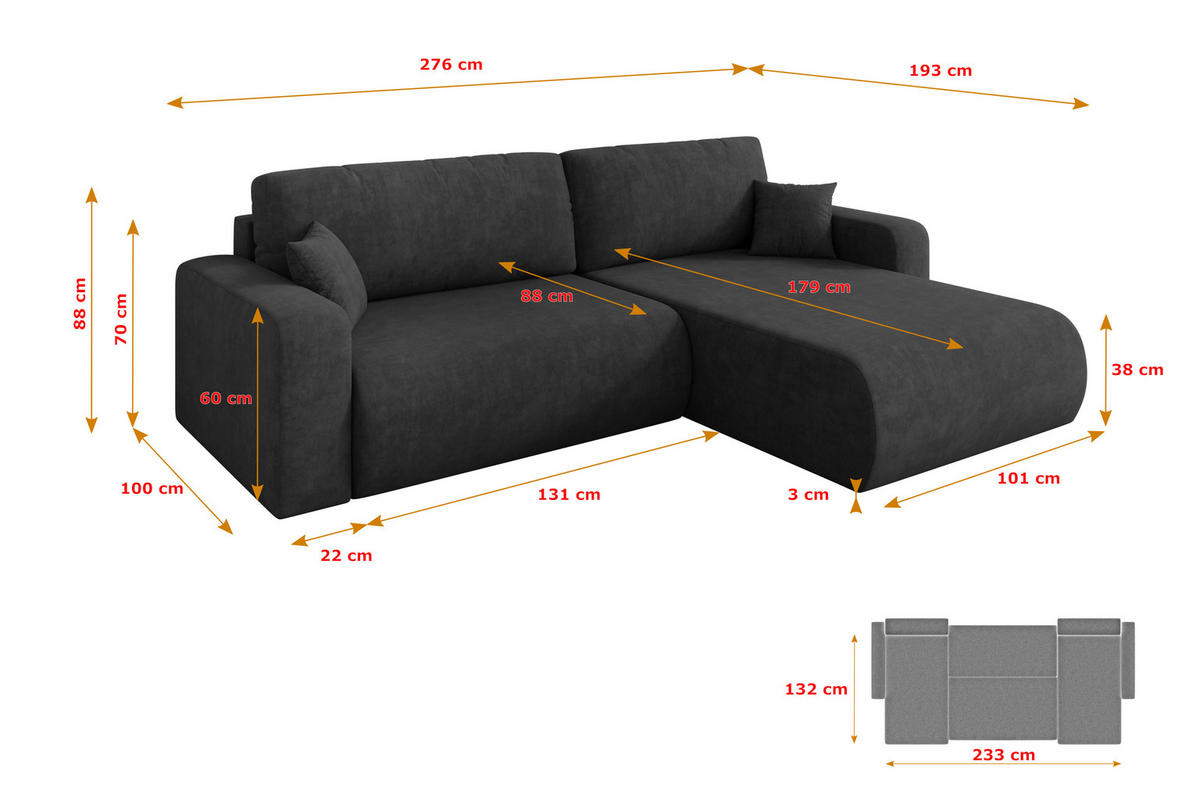 ROHOVÁ SEDAČKA s funkcí spaní, otoman vpravo BERY-L 276x193x88 tmavě šedá velur - černá/antracitová, kompozitní dřevo/textil (276/193cm) - ALTDECOR