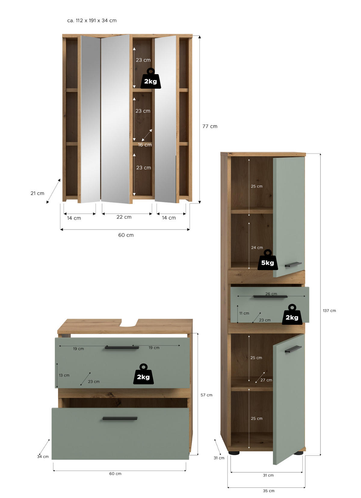 BADMÖBEL-SET 3-teilig Salbei grün, Artisan Eiche 110 x 191 cm, moderne Badkombination - Salbeigrün/Schwarz, Glas/Holzwerkstoff (110/191/34cm) - Inn.Furn