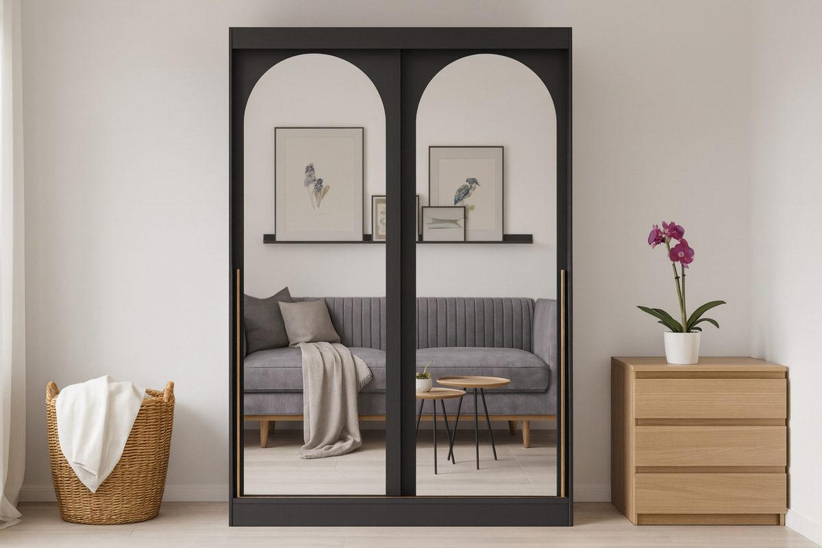 SCHIEBETÜRENSCHRANK MOSSA 150 / 215 / 65 cm in Schwarz / Gold - Goldfarben/Schwarz, Holzwerkstoff (150/215/65cm) - Deine Möbel 24