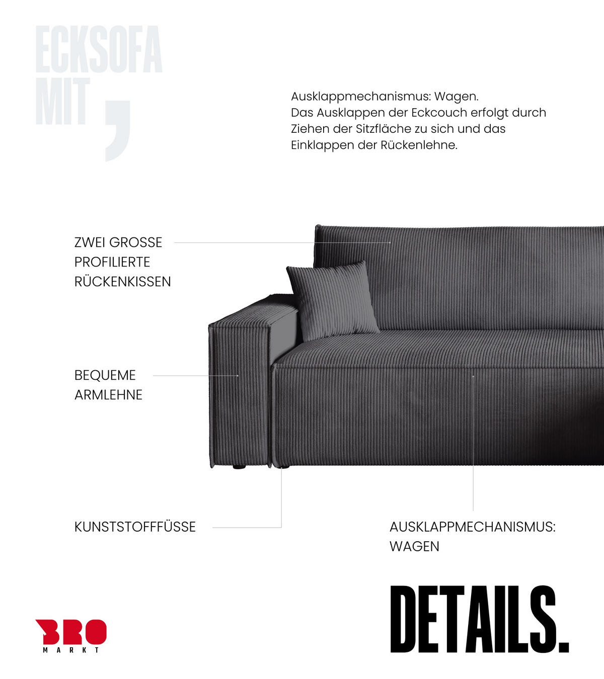 ECKSOFA ADI mit Schlaffunktion Grau Cord - Grau, Textil (244/143cm) - Bromarkt