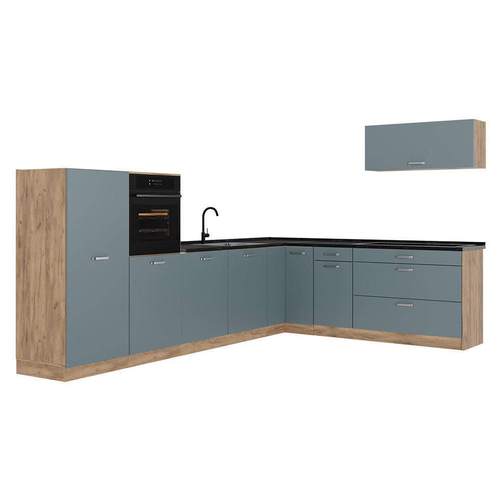 ROHOVÁ KUCHYŇA R-Line, Modrošedá/Dub Goldkraft, 327 x cm antrasiitti työtaso - dub medový/modrosivá, kompozitné drevo (327/143/60cm) - Vicco