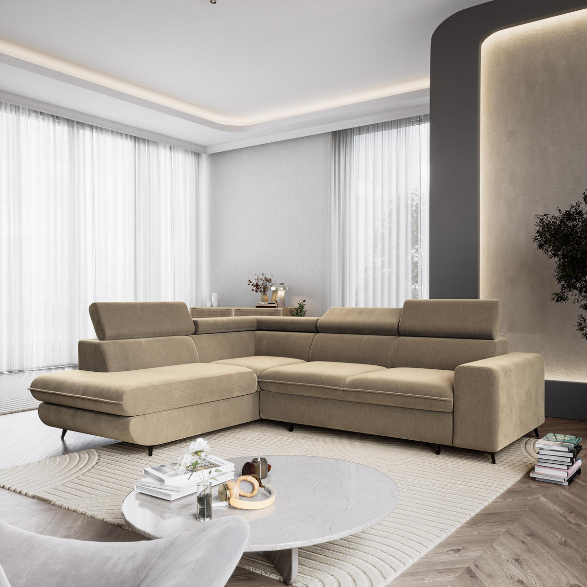 ECKSOFA VELISS Beige Veloursstoff mit Schlaffunktion - Beige, Holz (255/193cm) - MASSENO