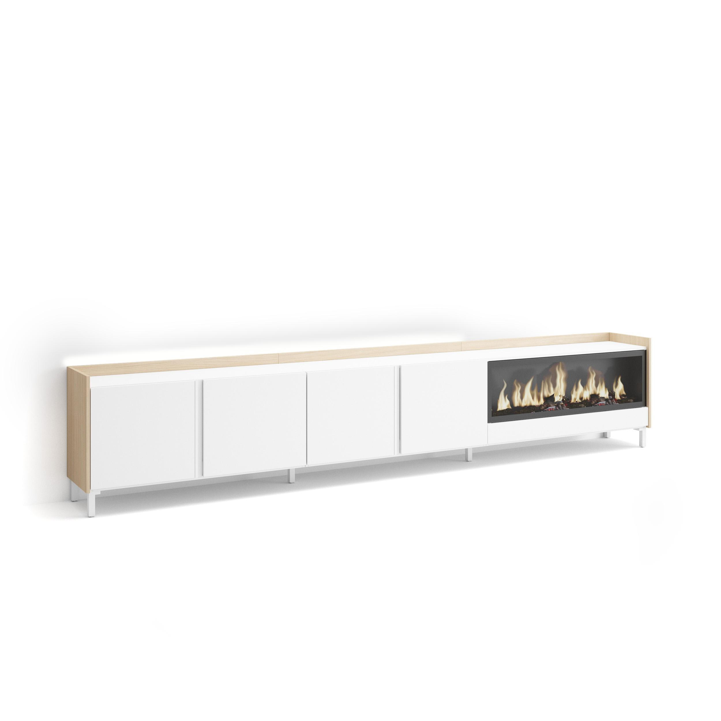 LOWBOARD, Weiß und Eiche, 315/35/61cm, Kamin mit Feuereffekt XXL - Weiß, Holzwerkstoff (315/61/35cm) - Skraut Home