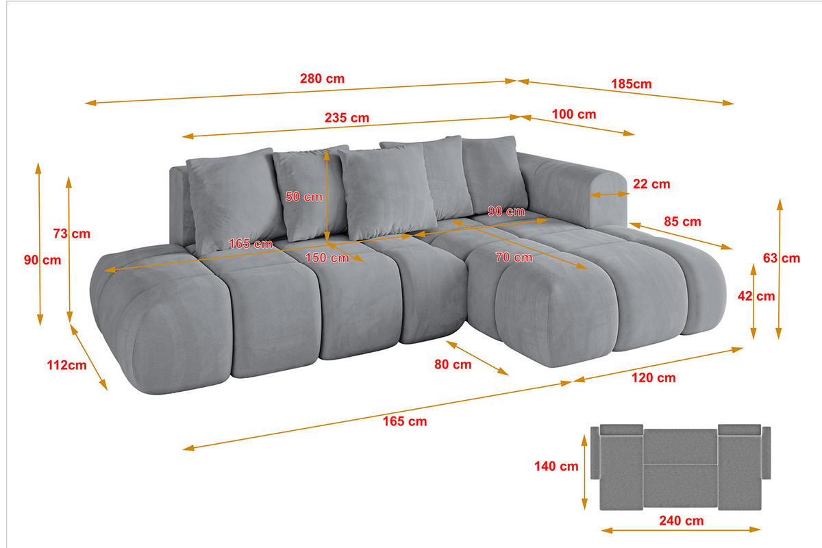 ECKSOFA Ottomane Rechts CLOUD-L-v1 280x185x90 Hellgrau Velours - Hellgrau, Holzwerkstoff/Kunststoff (185/280cm) - ALTDECOR