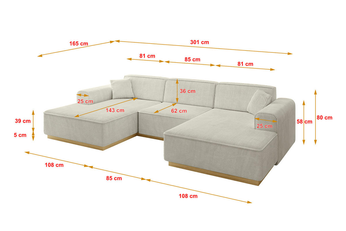 WOHNLANDSCHAFT IREA-U1-v2 - 301x165x80 cm Hellgrau - Ecru, Holzwerkstoff/Textil (301/80/165cm) - ALTDECOR