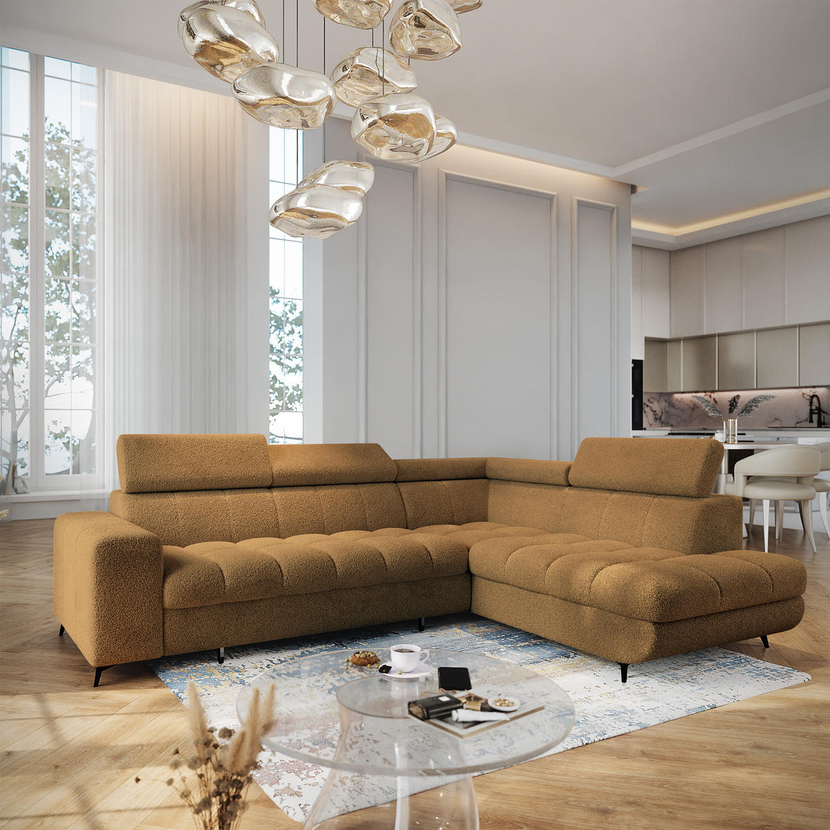 ECKSOFA MORIVA Q R-S Orange Boucle-Stoff mit Schlaffunktion - Orange, Holzwerkstoff/Textil (253/190cm) - MASSENO