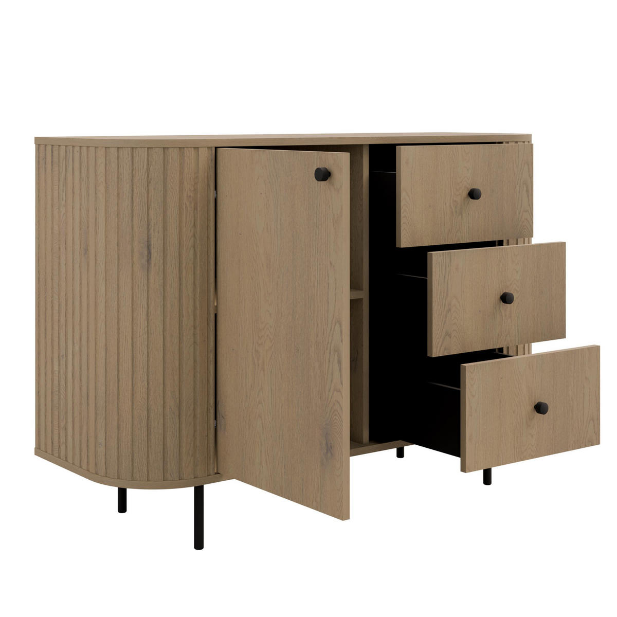 SIDEBOARD Halay Eiche Cremona, 1 Tür & 3 Schubladen Moderne Rillenstruktur 123 cm - Eichefarben/Schwarz, Holzwerkstoff/Metall (123/85.4/42.3cm) - AX Living