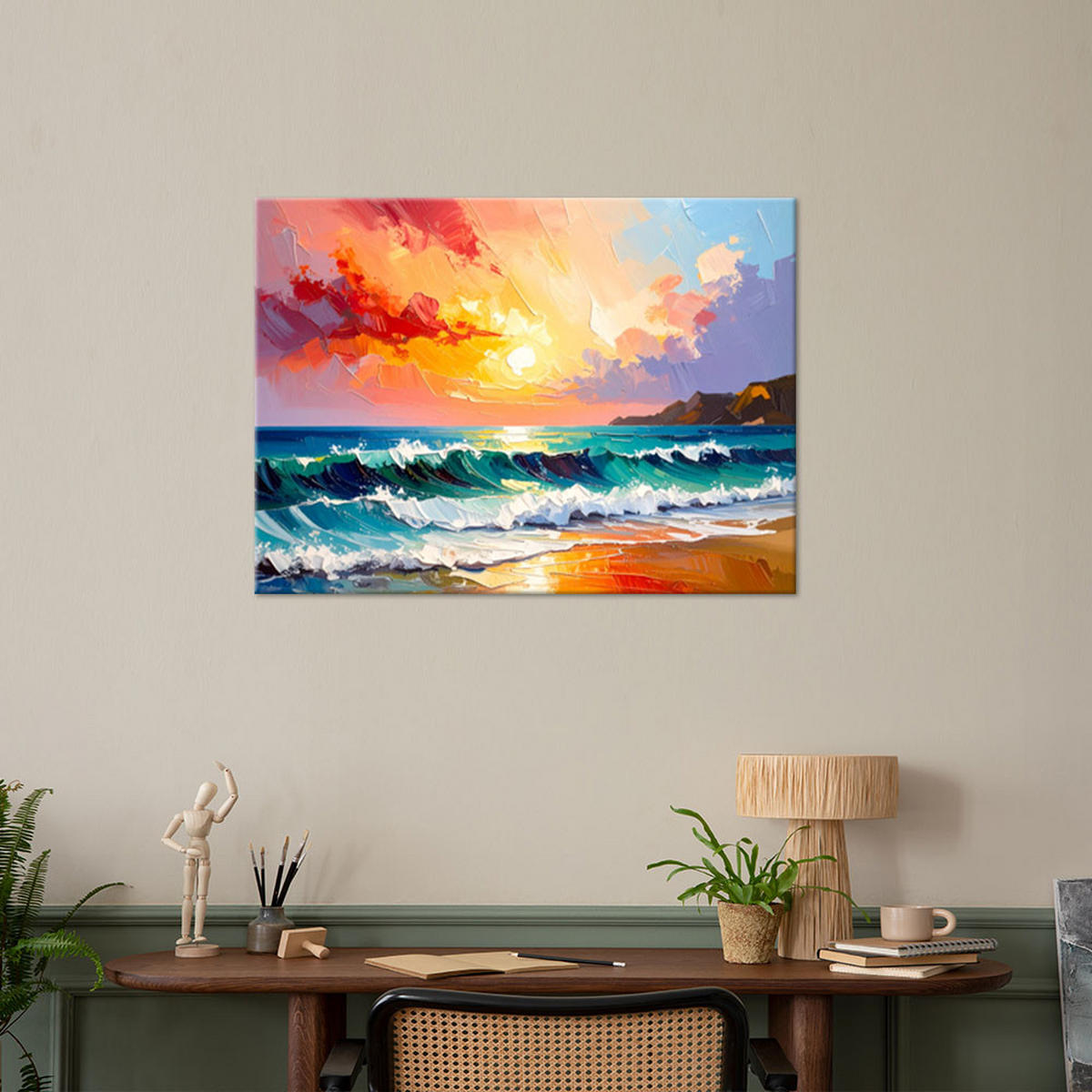 LEINWANDBILD Strand Meer Wellen Landschaft wie gemalt 90x60cm - Multicolor, Textil (90/60cm) - Feeby
