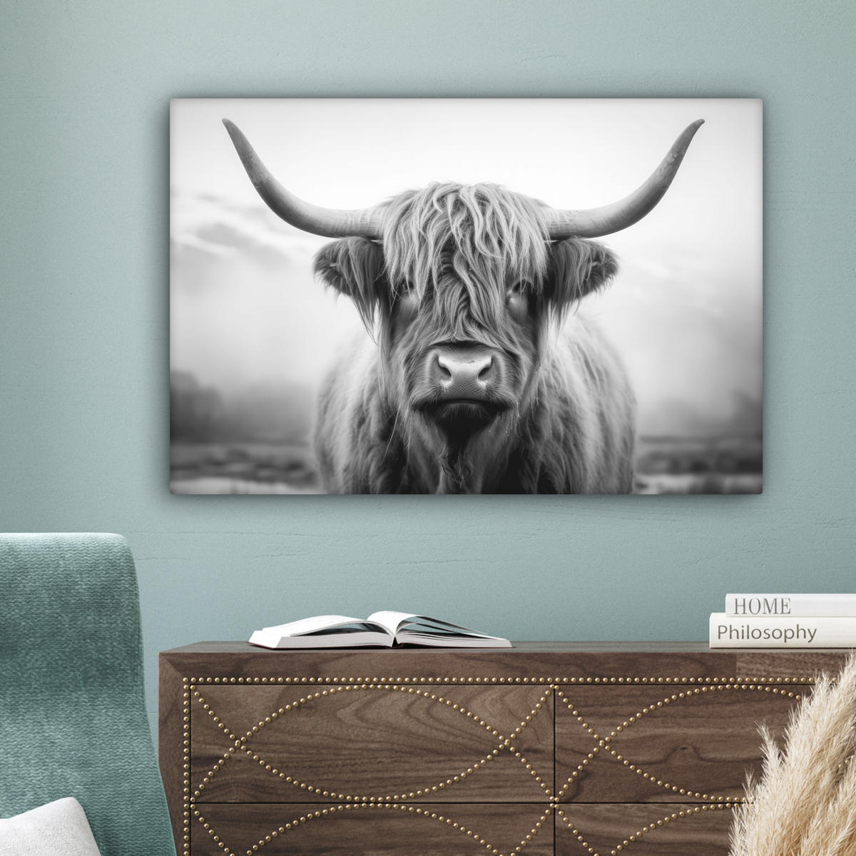 LEINWANDBILD - Schottischer Highlander - Nebel - Schwarz - Weiß - 60x40 - Wanddeko Schlafzimmer - Grau, Textil (60/40cm) - MuchoWow
