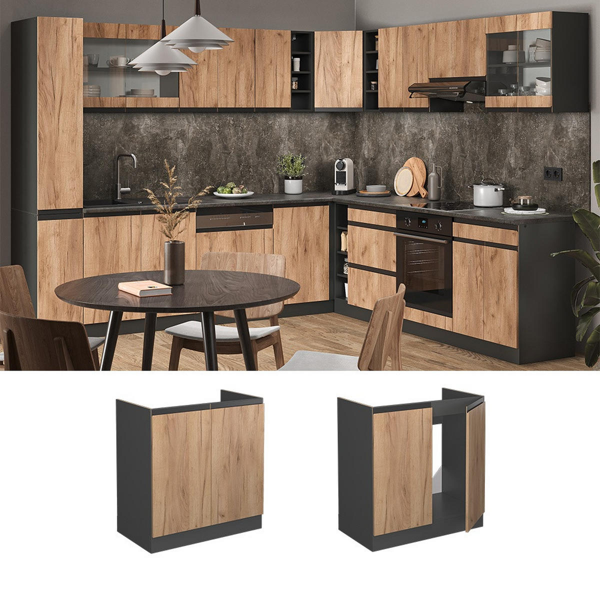 SPÜLENUNTERSCHRANK R-Line Goldkraft Eiche 80 cm J-Shape AP Marmor - Honigeiche/Anthrazit, Holzwerkstoff (80/81.6/60cm) - Vicco