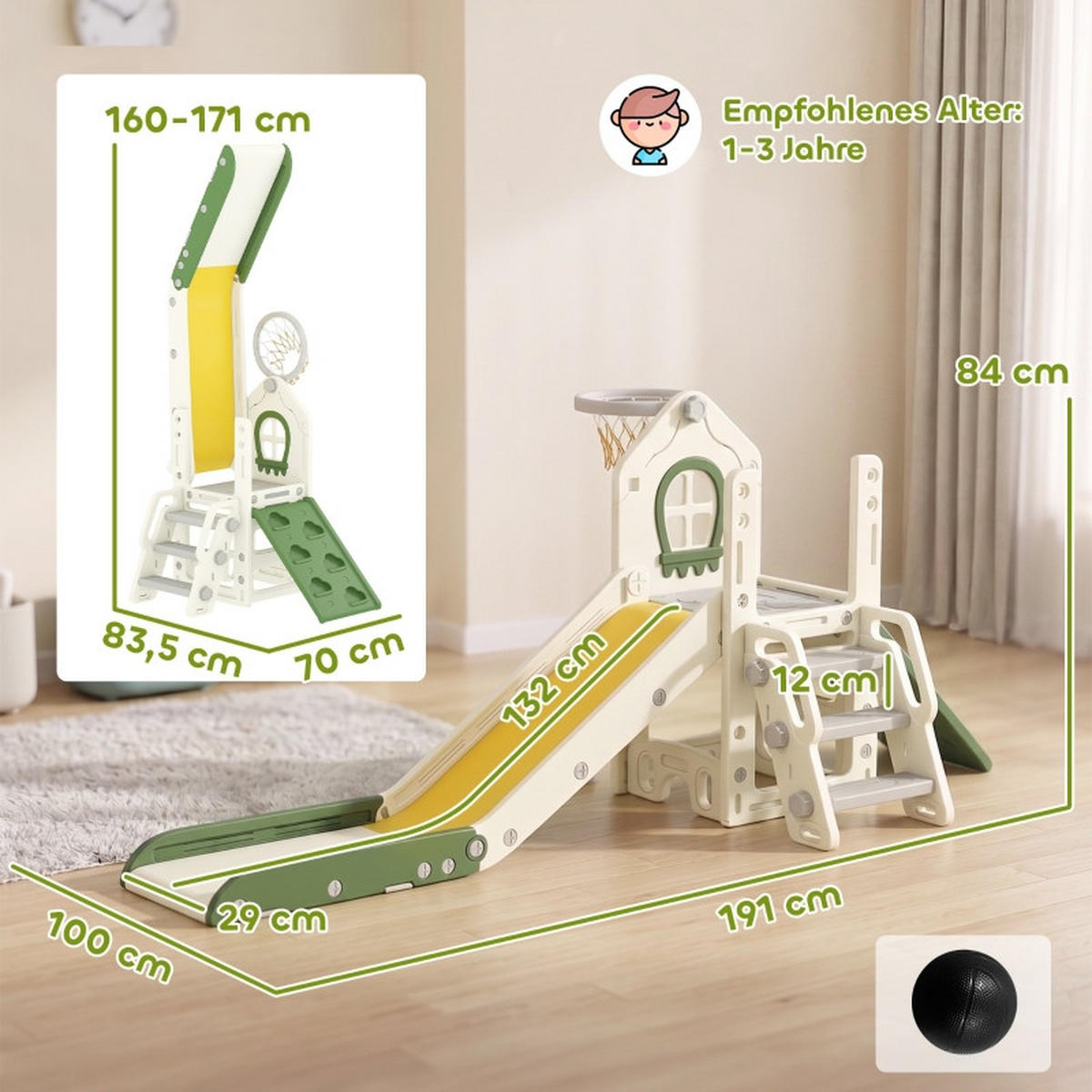 KINDERRUTSCHE 4-in-1 und Basketballkorb faltbar für 1–3 Jahre Cremeweiß - Ecru, Kunststoff (100/84/191cm) - Korfee