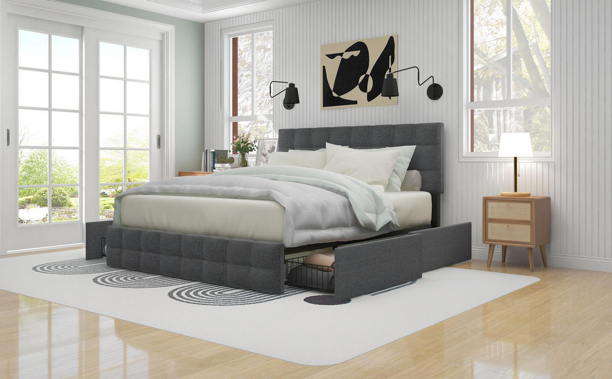 POLSTERBETT 140/200 cm in Grau mit 4 Schubladen und Verstellbarem Kopfteil Leinen - Grau, Holzwerkstoff/Textil (140/200cm) - CHICFURN