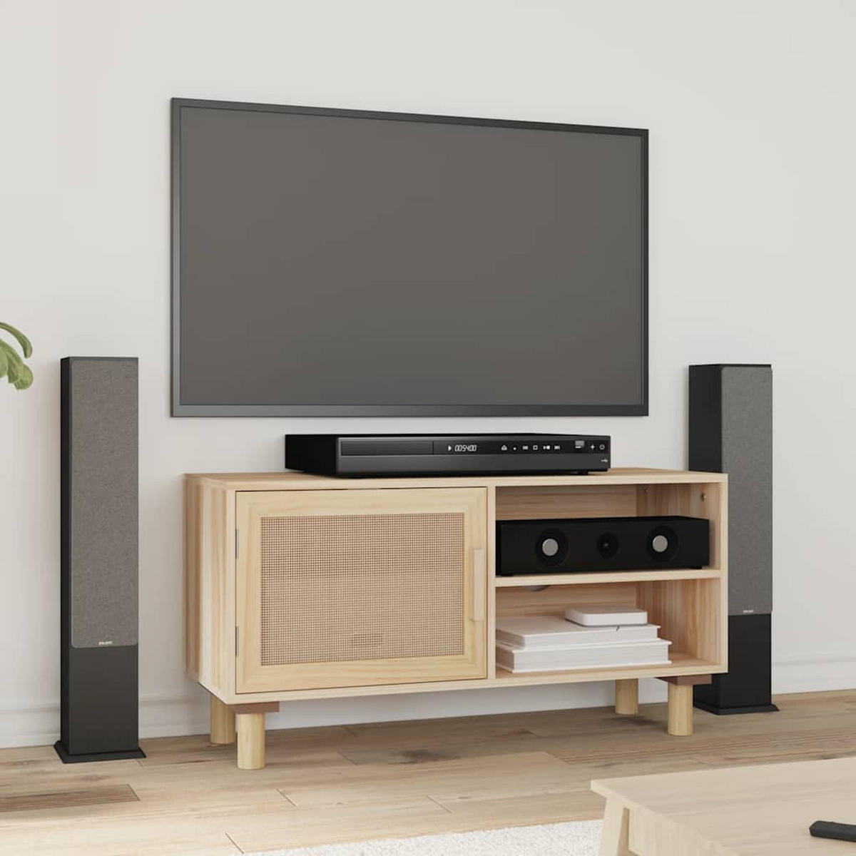 TV-SCHRANK Braun 80/30/40 Cm Massivholz Kiefer Und Natur-Rattan - Braun, Holz (30/40/80cm) - vidaXL