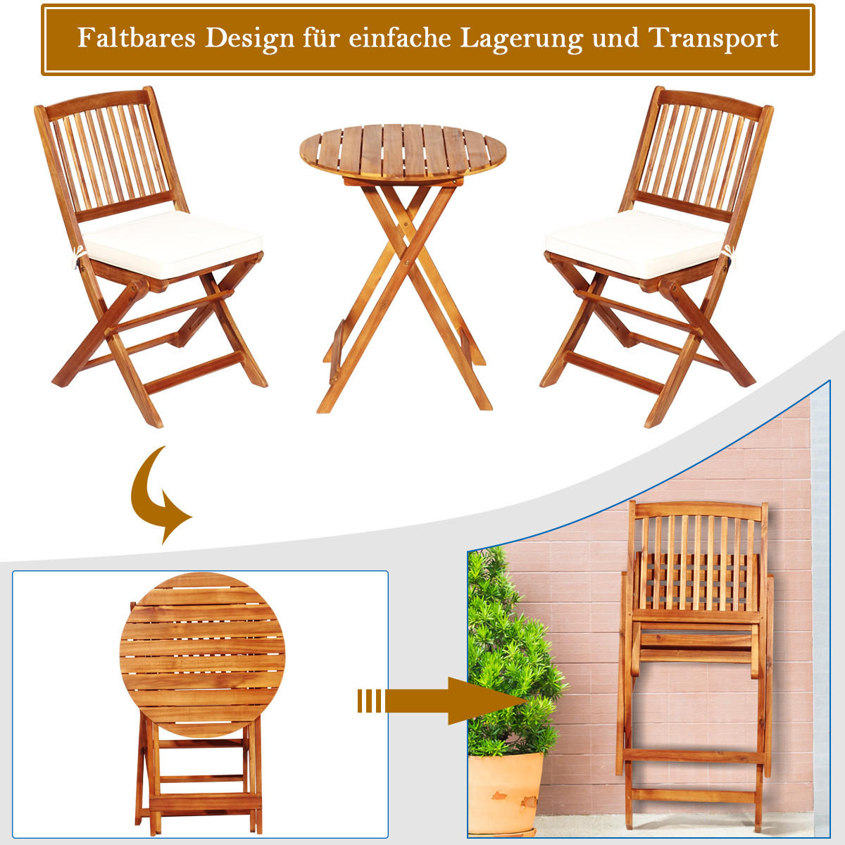 TERRASSENMÖBEL-SET Beige(3-teilig) - Beige, Holz - COSTWAY