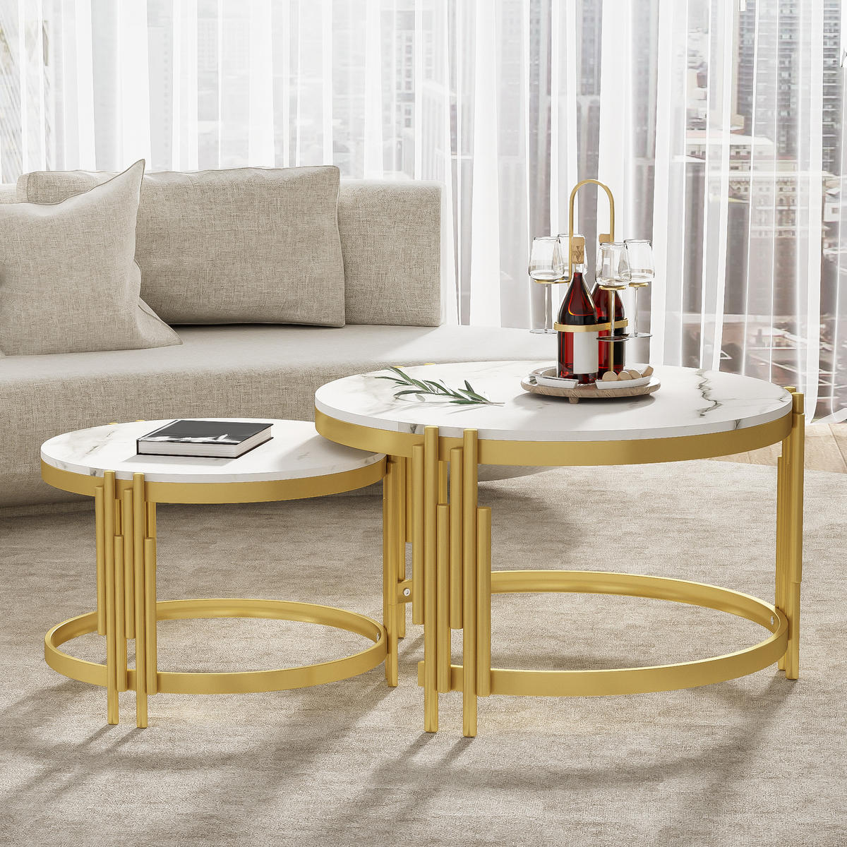 COUCHTISCH Weiß und Messing 2er-Set Rund Marmoroptik - Messingfarben, Holzwerkstoff (71.5/71.5/44cm) - PANGIVO
