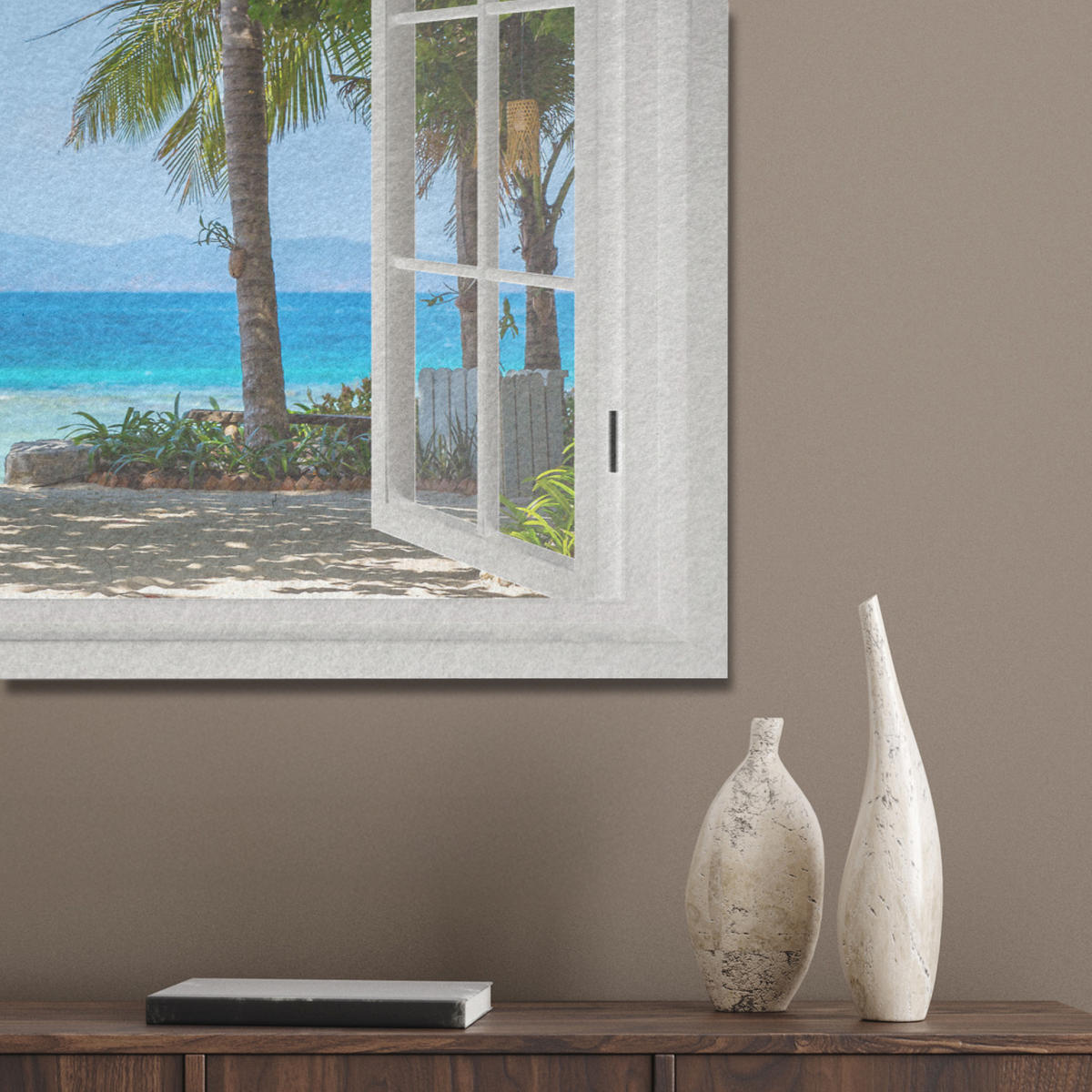 AKUSTIKBILD Aussicht - Baum - Meer - Palme - Hügel - Strand - Blau Akustikpaneele 90x60 cm - Blau, Kunststoff (90/60/0.9cm) - MuchoWow