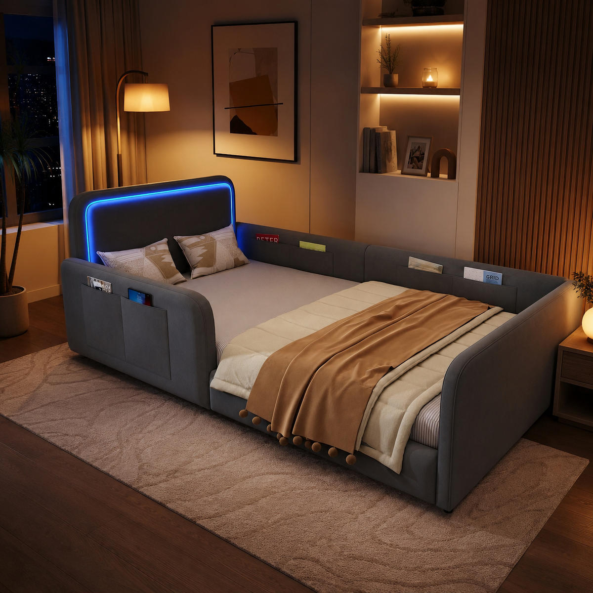 POLSTERBETT 90x200cm LED App Steuerung Seitentasche Grau - Grau, Textil (90/200cm) - FLIEKS