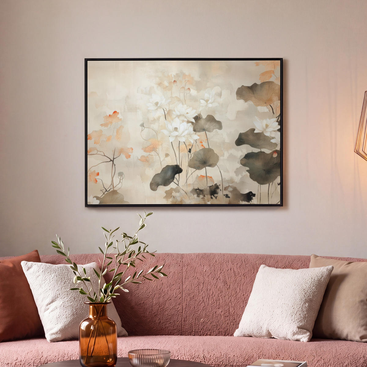 LEINWAND Bilder mit Rahmen - Blumen - Japandi - Wabi sabi - 80x60 - Sandfarben, Textil (80/60cm) - MuchoWow