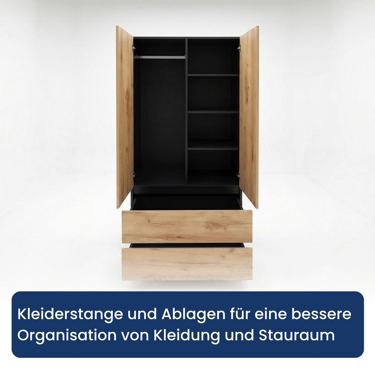 KLEIDERSCHRANK mit 2 Türen und Schubladen in Schwarze Craft-Eiche - Schwarz/Naturfarben, Holzwerkstoff (90/180/50cm) - Home Collective