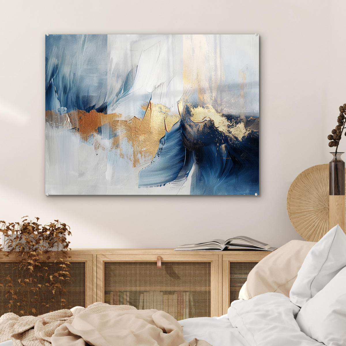 ACRYLGLASBILD Gold - Blau - Aquarell - Kunst - Modern 80x60 cm - Hellblau, Glas (80/60cm) - MuchoWow