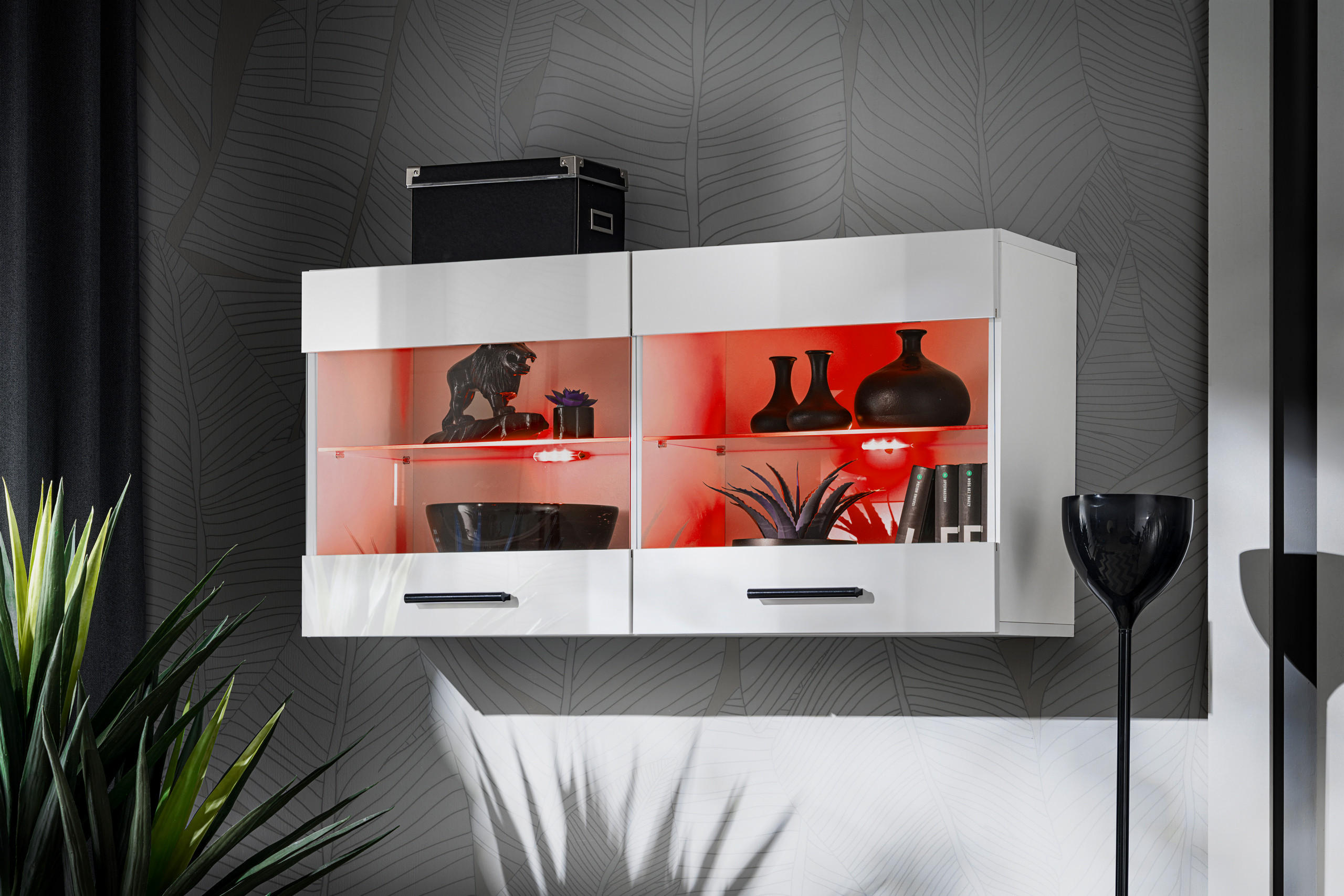 HÄNGEVITRINE SAVONA, Weiss, LED Mehrfarbige - Schwarz/Weiß, Glas/Holzwerkstoff (100/50/27.2cm) - Komodee