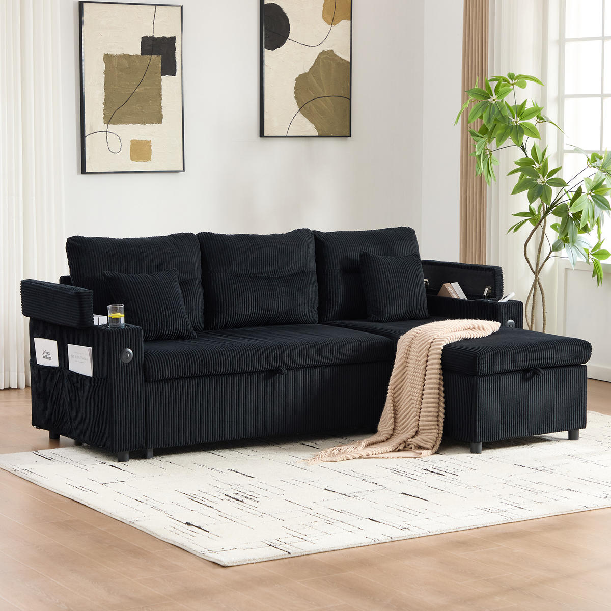3-SITZER Eckschlafsofa Cord mit Stauraum und USB-Anschluss Schwarz 212,5/136/86 cm - Schwarz, Textil (136/212.5cm) - Redom