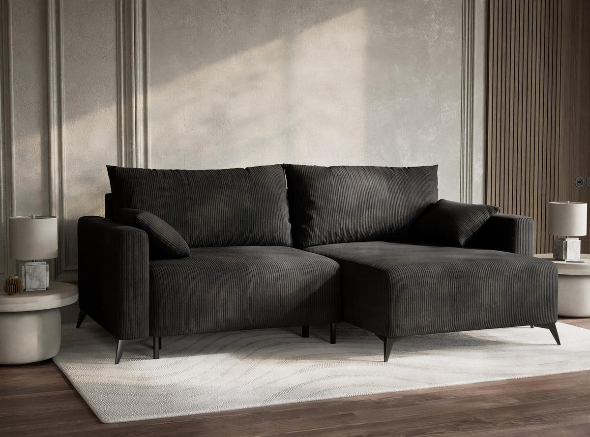 ECKSOFA MIT SCHLAFFUNKTION Leon Anthrazit Samtstoff - Anthrazit/Schwarz, Holz/Holzwerkstoff (239/148cm) - Maison de Reve