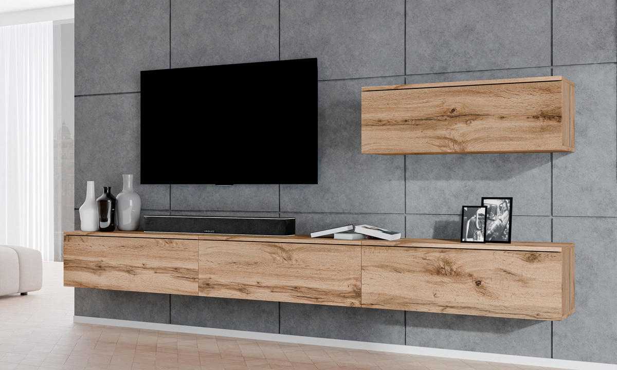 WOHNWAND Loriano IV Eiche, Wotan 300/68/32 cm Anbauwand - Braun, Holzwerkstoff/Kunststoff (300/68/32cm) - AX Living