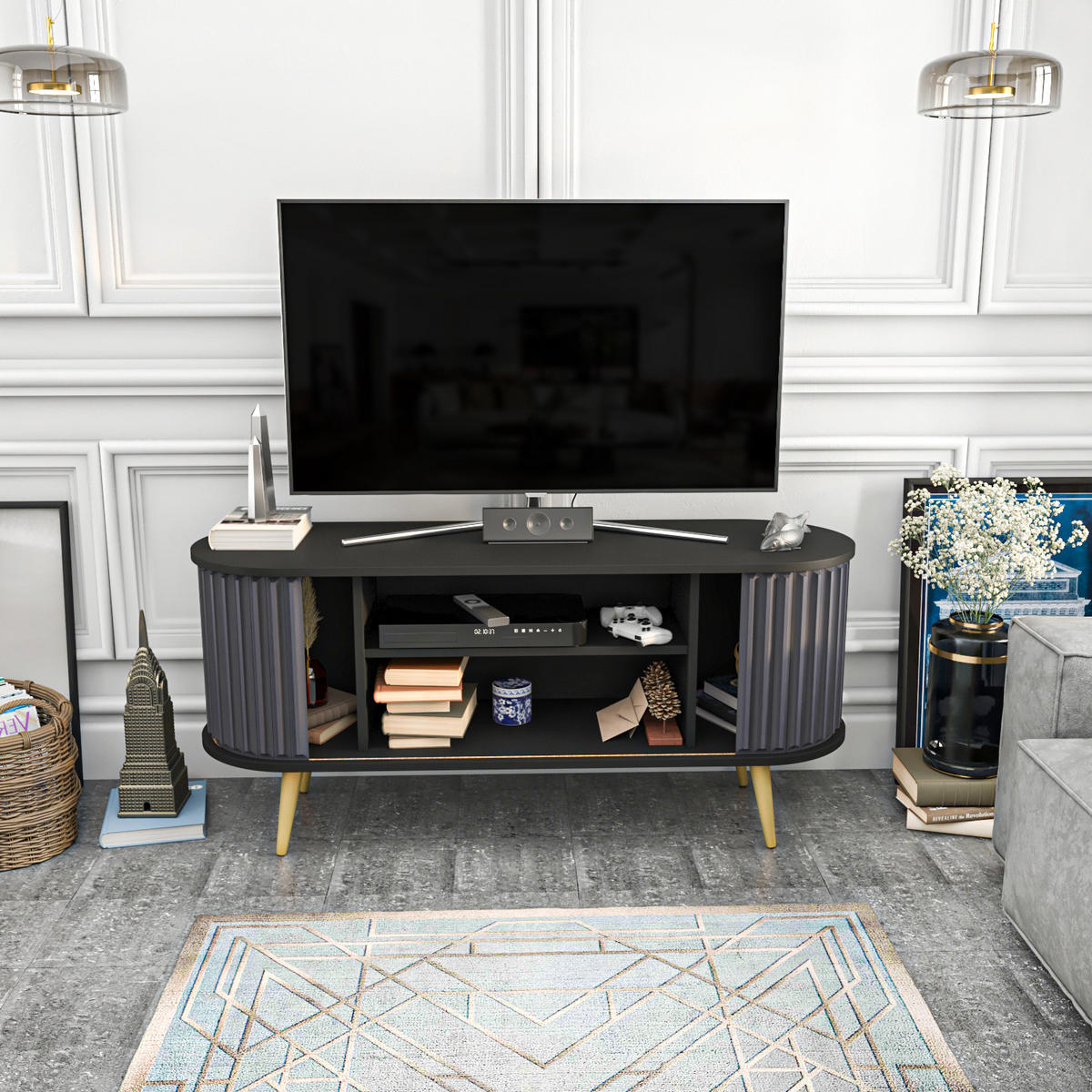 TV-ELEMENT Stor Schwarz Anthrazit - Anthrazit/Schwarz, Holz/Holzwerkstoff (43/64/140cm) - Decorotika