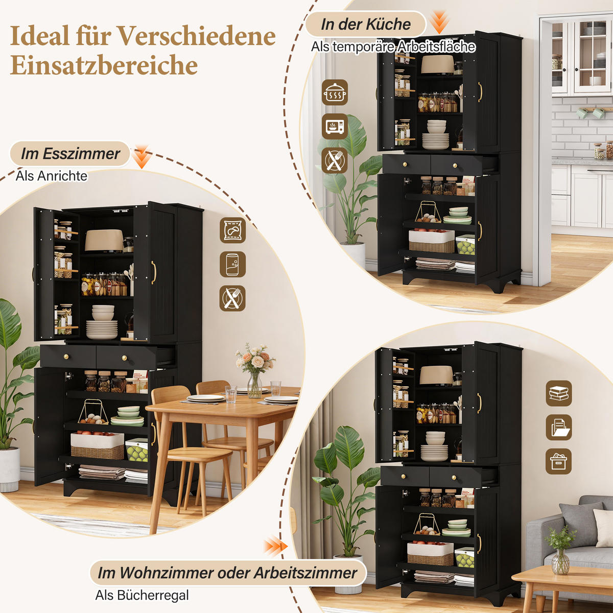 BUFFETSCHRANK Schwarz 77/40/181 cm - Schwarz, Holz (77/181/40cm) - PANGIVO