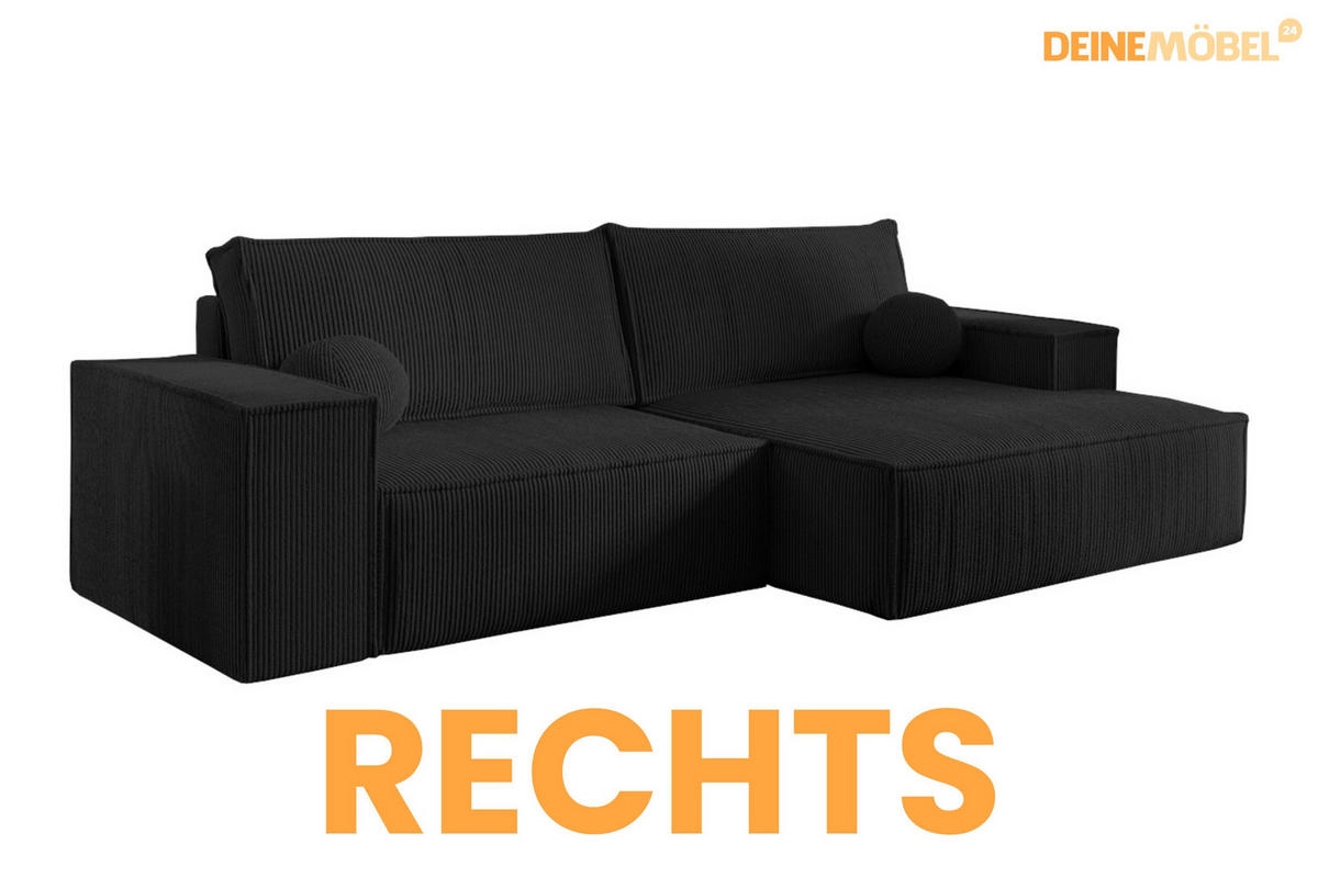 ECKSOFA NEPTUN 255/148 in Cord Schwarz rechts - Schwarz, Holz/Holzwerkstoff (255/148cm) - Deine Möbel 24