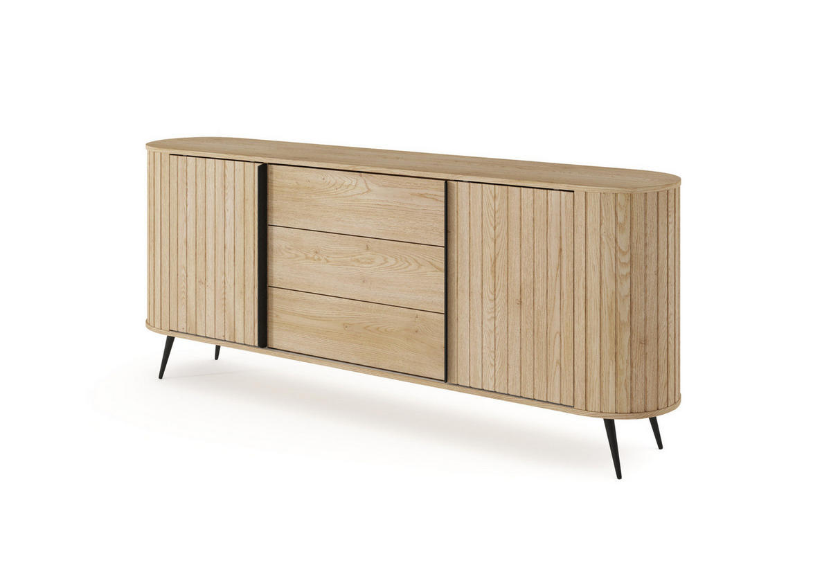 SIDEBOARD LOVI 196 cm Eiche Cremona - mit Schiebetüren und Riffel-Front - Eichefarben/Schwarz, Holz/Holzwerkstoff (196/82/40cm) - Ravio