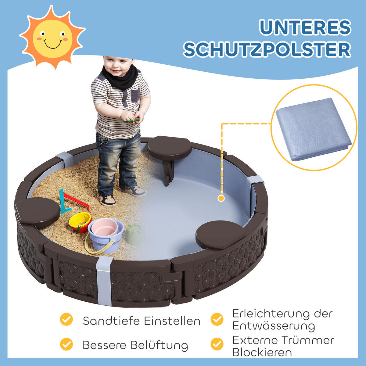 SANDKASTEN Runde Sandkiste für bis zu 3 Kinder, mit 3 Sitzen, Dunkelblau - Braun, Kunststoff (120/120/22cm) - AIYAPLAY
