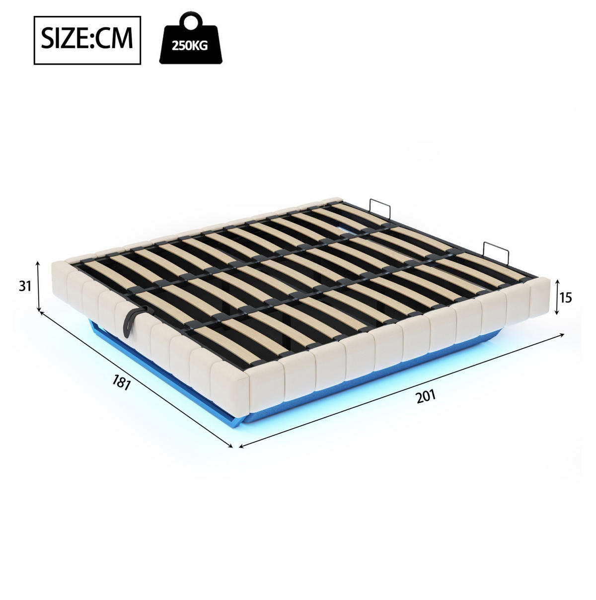 ČALÚNENÁ posteľ 180/200 cm béžová s LED osvetlením a úložným priestorom z ľanovej tkaniny - béžová, textil (180/200cm) - OKWISH