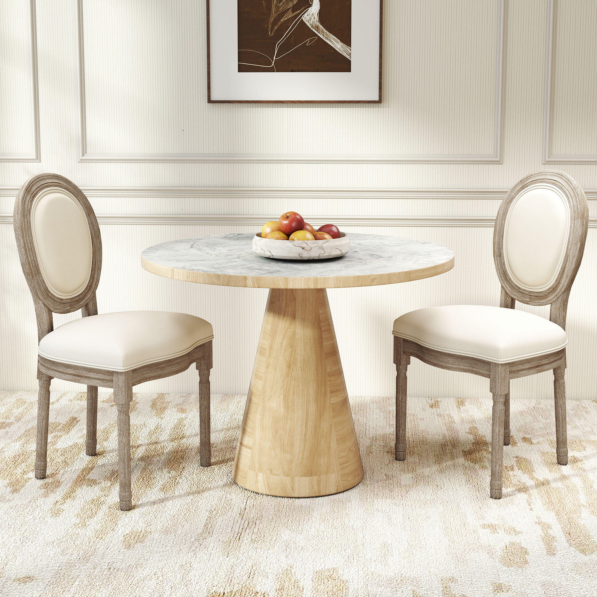 2ER Set Esszimmerstühle Küchenstuhl mit Rattan-Rückenlehne Linen-Touch - Creme, Kunststoff (56/96/49cm) - HOMCOM